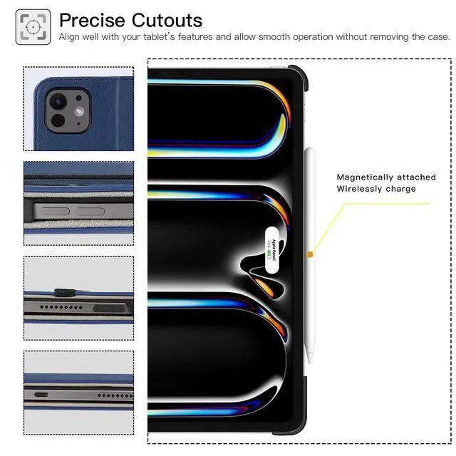 Alt view image 5 of 7 - for iPad Pro 11 Inch Case (M5) 2025/ (M4) 2024 - PU Leather Smart Cover, with Auto Wake/Sleep, Multiple View Angles, Hand Strap & Pocket - Navy Blue