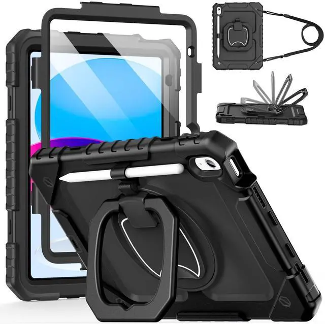 Main image of Case for iPad (A16) 11th/ 10th Generation 11/ 10.9 Inch 2025/ 2022, Shockproof Case for iPad 11 with Screen Protector/ Rotating Stand/ Adjustable Shoulder Strap/ Pen Holder, Black