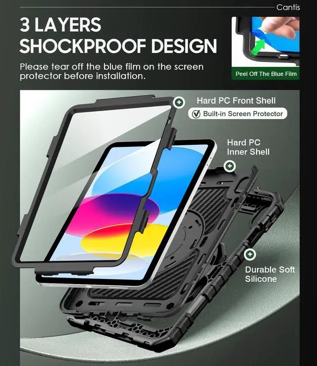 Alt view image 3 of 7 - Case for iPad (A16) 11th/ 10th Generation 11/ 10.9 Inch 2025/ 2022, Shockproof Case for iPad 11 with Screen Protector/ Rotating Stand/ Adjustable Shoulder Strap/ Pen Holder, Black