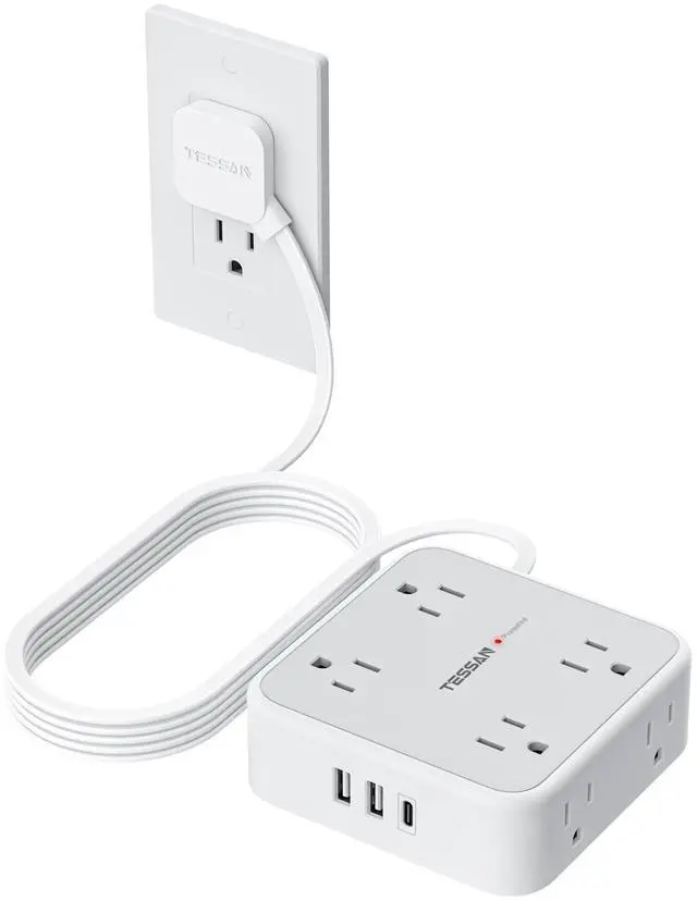 Main image of 10 Ft Surge Protector Power Strip, 3 USB(1 USB C) 8 Outlets, Flat Plug Extension Cord with Multiple Outlets, 900J Protection, Desk Charging Station for Home, Dorm Room Essentials, Grey