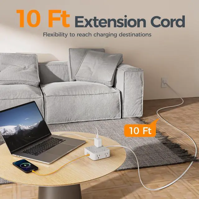 Alt view image 3 of 7 - 10 Ft Surge Protector Power Strip, 3 USB(1 USB C) 8 Outlets, Flat Plug Extension Cord with Multiple Outlets, 900J Protection, Desk Charging Station for Home, Dorm Room Essentials, Grey