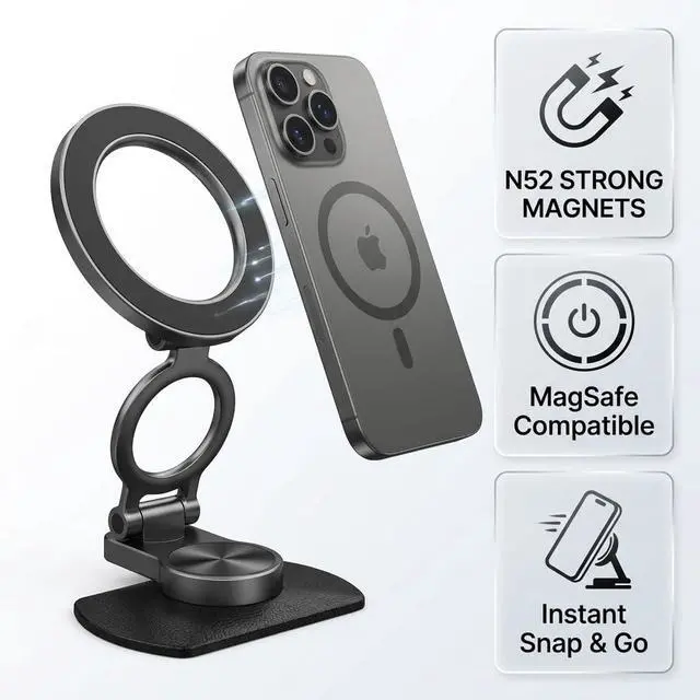 Alt view image 2 of 7 - Car Phone Holder for MagSafe, N52 Strong Magnetic 3M Adhesive Dashboard Mount, 57mm Ultra-Thin Foldable (0.75"), 360° Swivel + 75°~210° Tilt, Car Phone Stand for iPhone