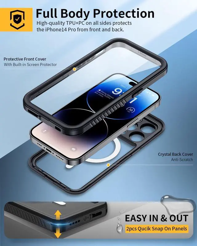 Alt view image 4 of 7 - Magnetic for iPhone 14 Pro Max Case, Waterproof Dustproof Case with Built-in Screen Protector Compatible with Magsafe, Full Body Protective Cover for iPhone 14 Pro Max 6.7 inch -Black