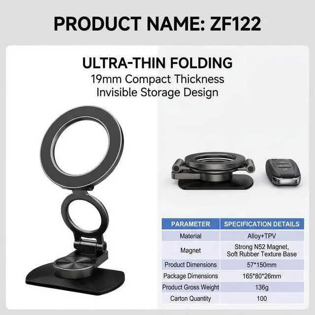 Alt view image 4 of 7 - Car Phone Holder for MagSafe, N52 Strong Magnetic 3M Adhesive Dashboard Mount, 57mm Ultra-Thin Foldable (0.75"), 360° Swivel + 75°~210° Tilt, Car Phone Stand for iPhone