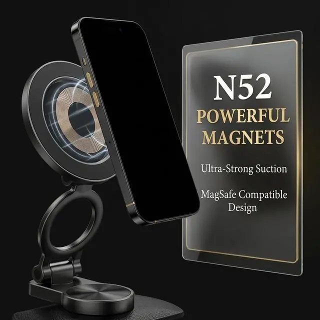 Alt view image 5 of 7 - Car Phone Holder for MagSafe, N52 Strong Magnetic 3M Adhesive Dashboard Mount, 57mm Ultra-Thin Foldable (0.75"), 360° Swivel + 75°~210° Tilt, Car Phone Stand for iPhone