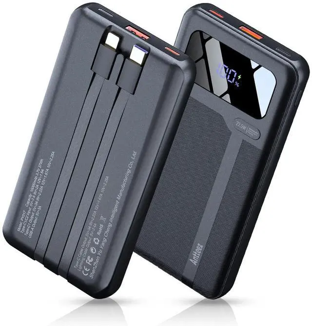 Main image of Portable Charger 10,000mAh, Power Bank Fast Charging with Built-in Cables, 22.5W USB C Travel Battery Pack, LED Display & 4 Outputs, Compatible with iPhone, Samsung, iPad