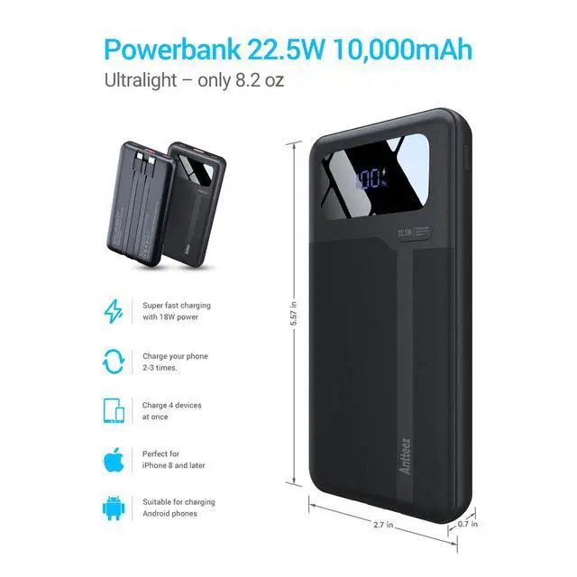 Alt view image 3 of 7 - Portable Charger 10,000mAh, Power Bank Fast Charging with Built-in Cables, 22.5W USB C Travel Battery Pack, LED Display & 4 Outputs, Compatible with iPhone, Samsung, iPad