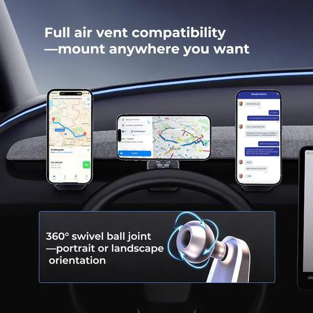 Alt view image 3 of 7 - Magnetic Phone Mount for Tesla Model Y Juniper 2025 2026 Model 3 Highland 2024-2026 Accessories, 360° Rotation for MagSafe Phone Holder for iPhone Samsung