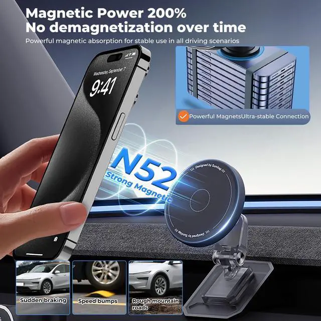 Alt view image 5 of 7 - Magnetic Phone Mount for Tesla Model Y Juniper 2025 2026 Model 3 Highland 2024-2026 Accessories, 360° Rotation for MagSafe Phone Holder for iPhone Samsung