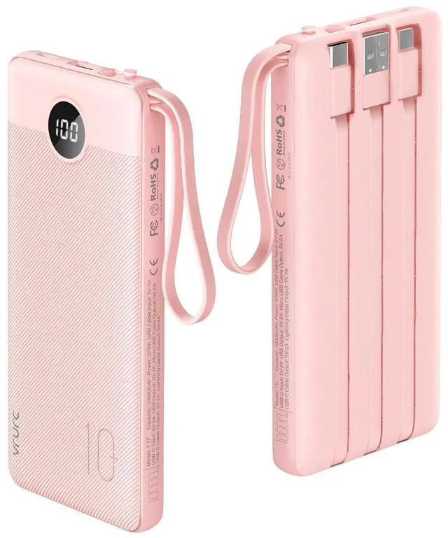 Main image of Portable Charger, 22.5W Fast Charging Power Bank Builtin 4 Cables, 10000mAh Slim Lightweight Travel Battery Pack for iPhone, Samsung & Multi Devices, PocketFriendly with Lanyard-Pink(1 Pack)