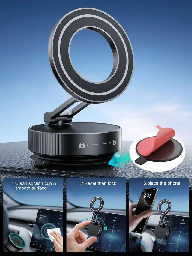 Alt view image 2 of 7 - Phone Holders for Your car,Upgraded Vacuum Magnetic Phone Holder Stand for Magsafe,360° Rotatable Zinc Alloy Suction Cup Phone Mount for Car/Gym/Mirror/Shower-Obsidian Black