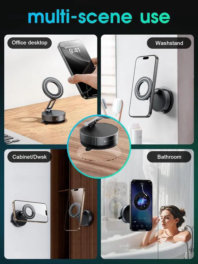Alt view image 4 of 7 - Phone Holders for Your car,Upgraded Vacuum Magnetic Phone Holder Stand for Magsafe,360° Rotatable Zinc Alloy Suction Cup Phone Mount for Car/Gym/Mirror/Shower-Obsidian Black