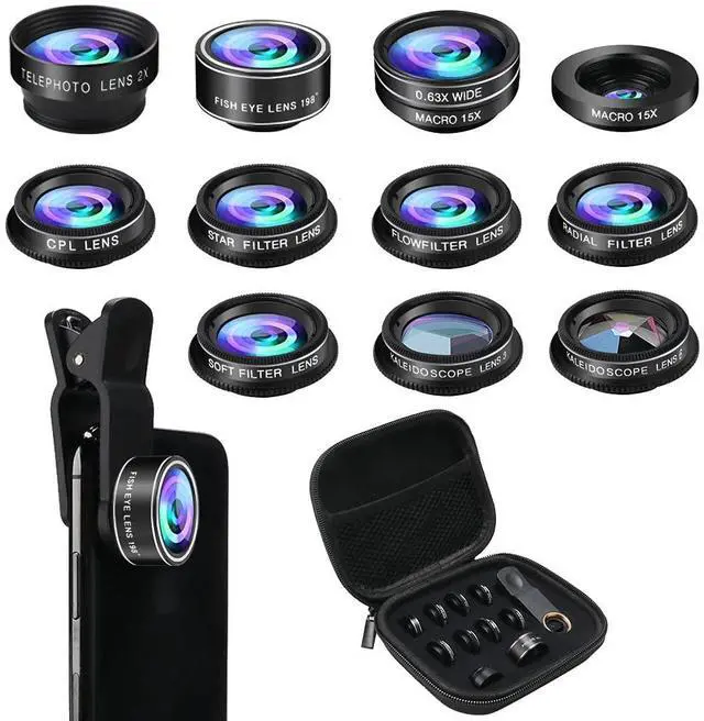 Main image of Phone Camera Lens Kit, 11 in 1 Cellphone Lens Kit for iPhone and Android, 0.63X Wide Angle+15X Macro+ 198°Fisheye+Telephoto+CPL/Flow/Radial/Star/Soft Filter+Kaleidoscope Lens
