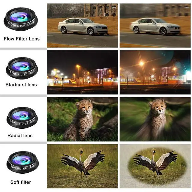 Alt view image 4 of 7 - Phone Camera Lens Kit, 11 in 1 Cellphone Lens Kit for iPhone and Android, 0.63X Wide Angle+15X Macro+ 198°Fisheye+Telephoto+CPL/Flow/Radial/Star/Soft Filter+Kaleidoscope Lens
