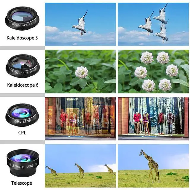 Alt view image 5 of 7 - Phone Camera Lens Kit, 11 in 1 Cellphone Lens Kit for iPhone and Android, 0.63X Wide Angle+15X Macro+ 198°Fisheye+Telephoto+CPL/Flow/Radial/Star/Soft Filter+Kaleidoscope Lens