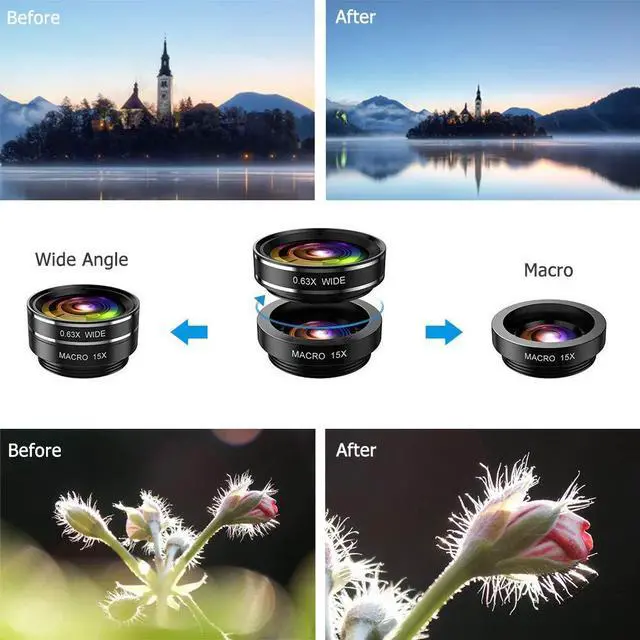 Alt view image 7 of 7 - Phone Camera Lens Kit, 11 in 1 Cellphone Lens Kit for iPhone and Android, 0.63X Wide Angle+15X Macro+ 198°Fisheye+Telephoto+CPL/Flow/Radial/Star/Soft Filter+Kaleidoscope Lens