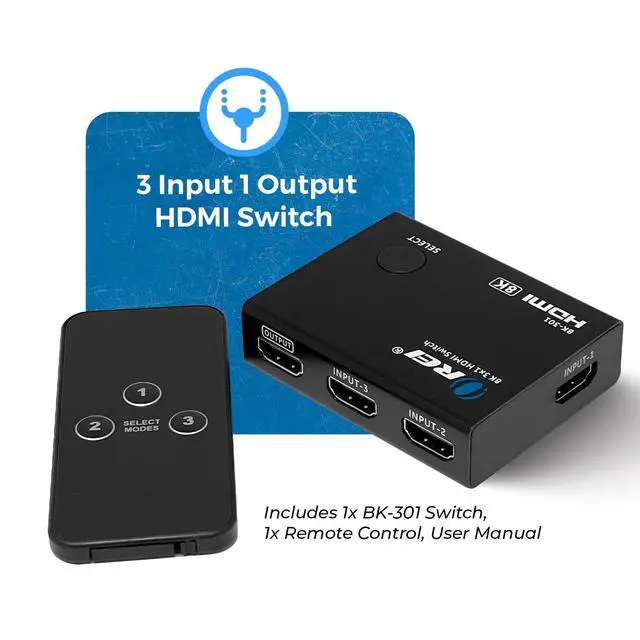 Alt view image 2 of 7 - 8K 3-Port HDMI 2.1 Switch, 3-in 1-Out, 8K@60Hz, CEC, HDR, IR Remote