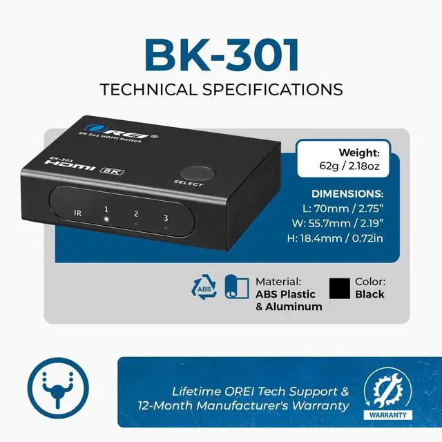 Alt view image 5 of 7 - 8K 3-Port HDMI 2.1 Switch, 3-in 1-Out, 8K@60Hz, CEC, HDR, IR Remote