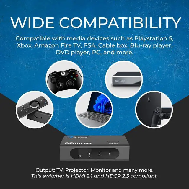 Alt view image 6 of 7 - 8K 3-Port HDMI 2.1 Switch, 3-in 1-Out, 8K@60Hz, CEC, HDR, IR Remote