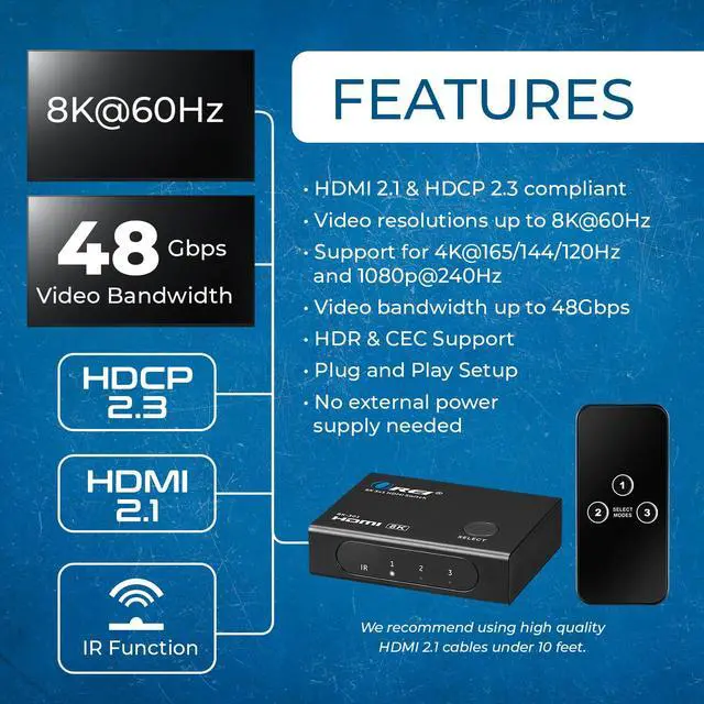 Alt view image 7 of 7 - 8K 3-Port HDMI 2.1 Switch, 3-in 1-Out, 8K@60Hz, CEC, HDR, IR Remote