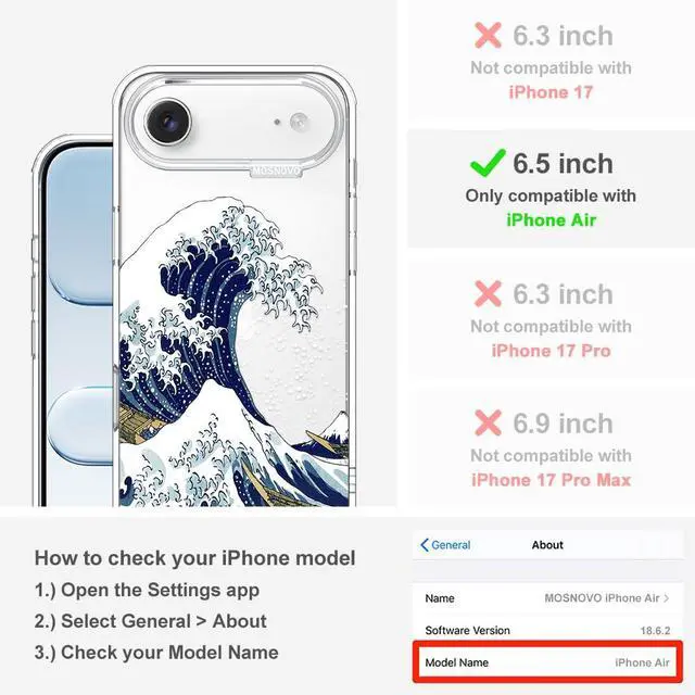 Alt view image 2 of 7 - for iPhone Air Case | Military Grade 6.6ft Drop Tested | Camera Control | Clear with Great Wave Design