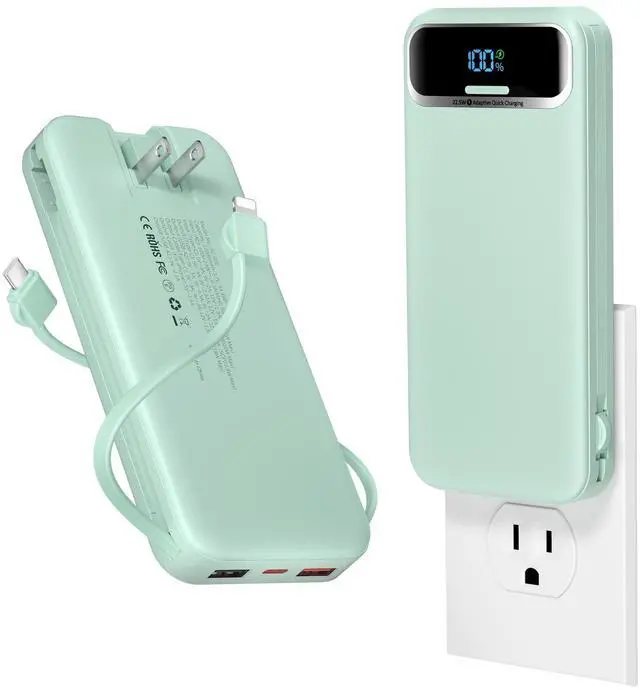 Main image of 12000mAh Lightweight Portable Charger with Built-in Cables and AC Wall Plug