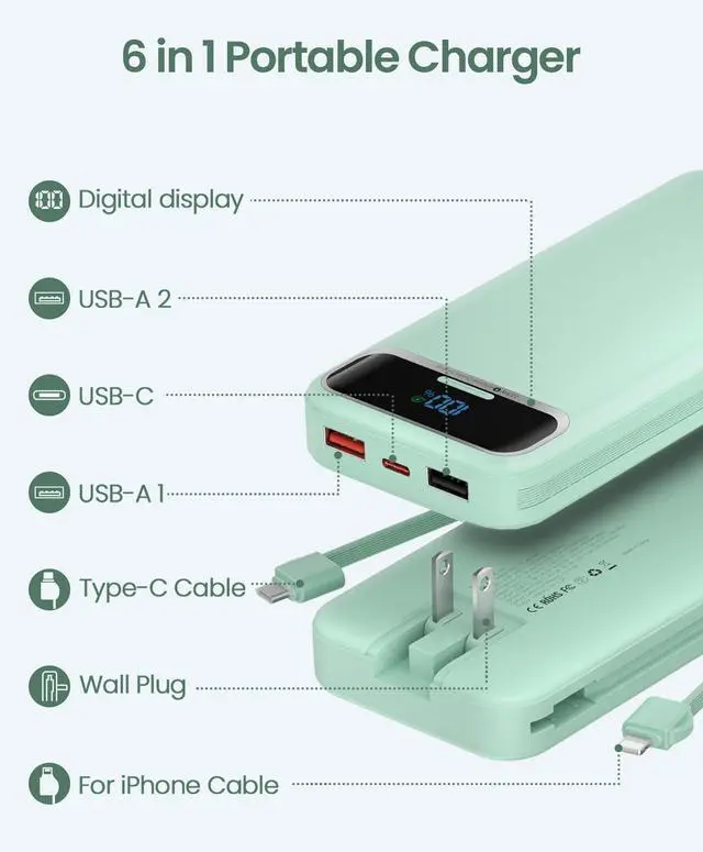 Alt view image 2 of 7 - 12000mAh Lightweight Portable Charger with Built-in Cables and AC Wall Plug