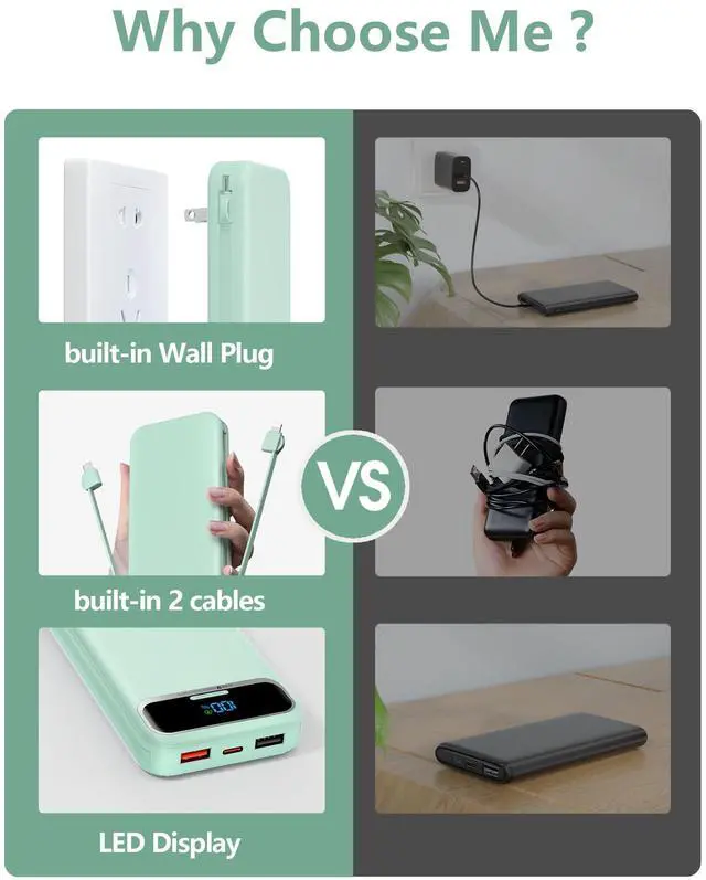 Alt view image 3 of 7 - 12000mAh Lightweight Portable Charger with Built-in Cables and AC Wall Plug