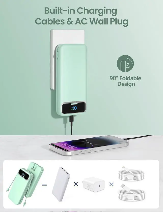 Alt view image 4 of 7 - 12000mAh Lightweight Portable Charger with Built-in Cables and AC Wall Plug