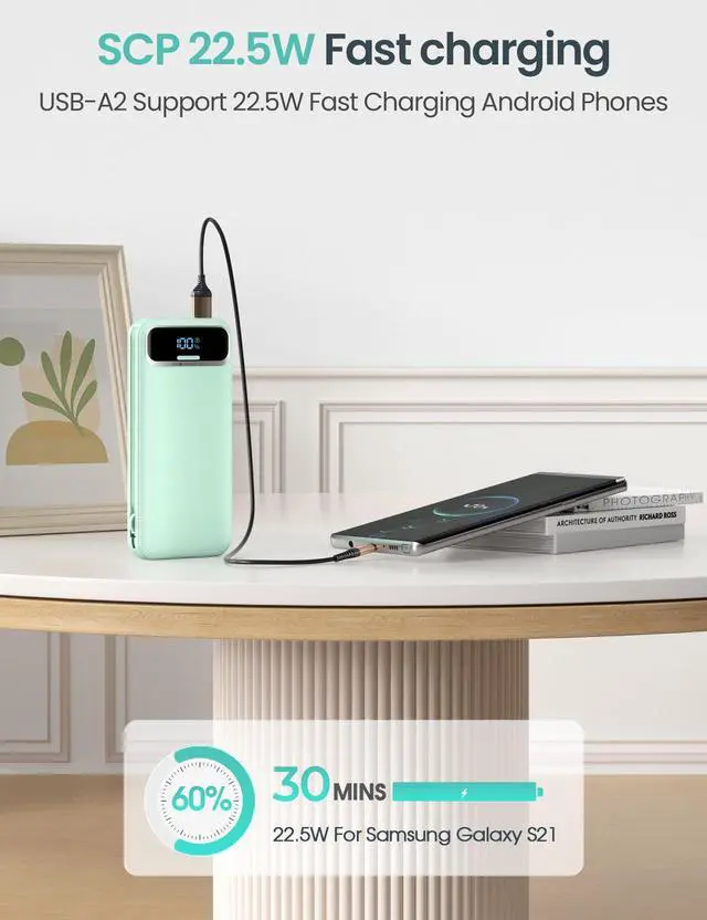 Alt view image 6 of 7 - 12000mAh Lightweight Portable Charger with Built-in Cables and AC Wall Plug