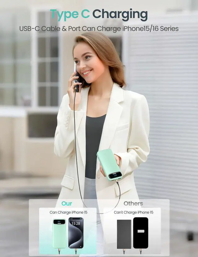 Alt view image 5 of 7 - 12000mAh Lightweight Portable Charger with Built-in Cables and AC Wall Plug