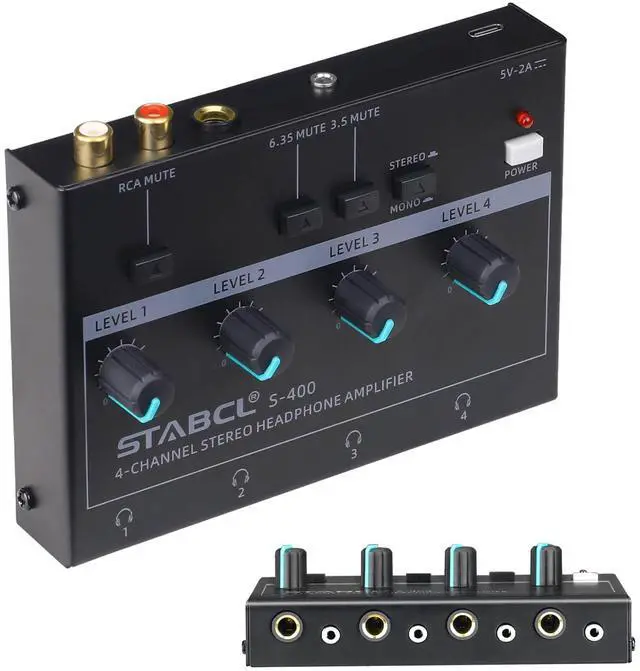 Main image of 4 Channel Headphone Amplifier, Stereo/Mono Headphone Amp Splitter with 3.5mm,6.35mm,RCA Input. Four 3.5mm and 6.35mm Output. Studio Headphone Amplifier Mixer for Recording