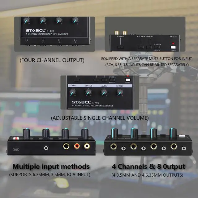 Alt view image 2 of 7 - 4 Channel Headphone Amplifier, Stereo/Mono Headphone Amp Splitter with 3.5mm,6.35mm,RCA Input. Four 3.5mm and 6.35mm Output. Studio Headphone Amplifier Mixer for Recording