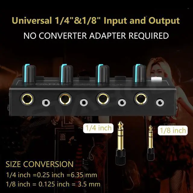 Alt view image 3 of 7 - 4 Channel Headphone Amplifier, Stereo/Mono Headphone Amp Splitter with 3.5mm,6.35mm,RCA Input. Four 3.5mm and 6.35mm Output. Studio Headphone Amplifier Mixer for Recording