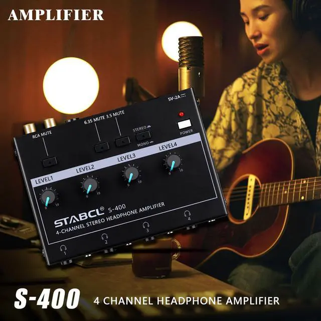 Alt view image 5 of 7 - 4 Channel Headphone Amplifier, Stereo/Mono Headphone Amp Splitter with 3.5mm,6.35mm,RCA Input. Four 3.5mm and 6.35mm Output. Studio Headphone Amplifier Mixer for Recording