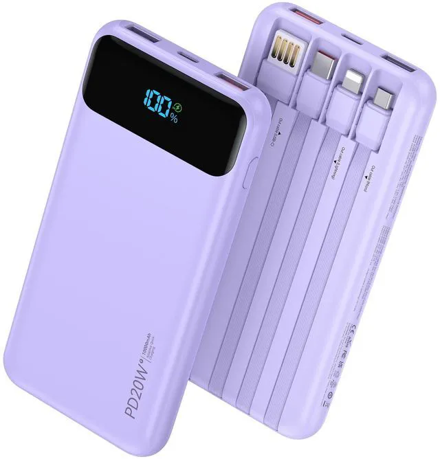 Main image of Portable Charger 10000mAh PD20W w/4 Built-in Cables/6 Outputs Purp.