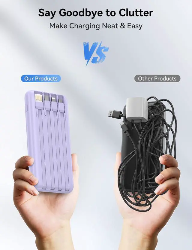 Alt view image 5 of 7 - Portable Charger 10000mAh PD20W w/4 Built-in Cables/6 Outputs Purp.
