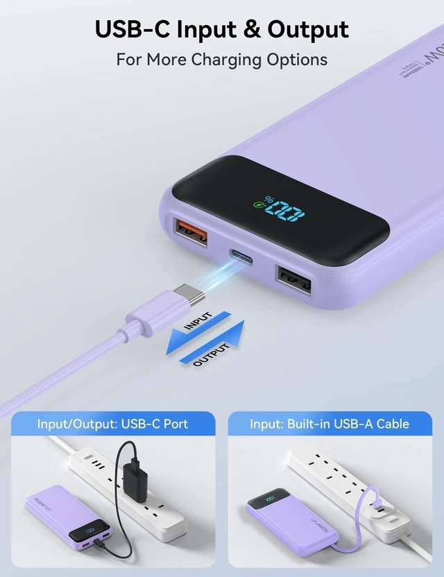 Alt view image 6 of 7 - Portable Charger 10000mAh PD20W w/4 Built-in Cables/6 Outputs Purp.