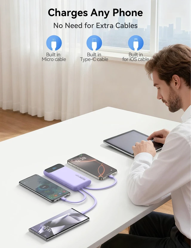 Alt view image 7 of 7 - Portable Charger 10000mAh PD20W w/4 Built-in Cables/6 Outputs Purp.