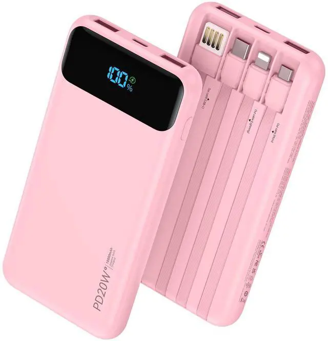 Main image of Portable Charger 10000mAh PD20W w/4 Built-in Cables/6 Outputs Pink