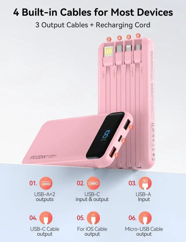 Alt view image 2 of 7 - Portable Charger 10000mAh PD20W w/4 Built-in Cables/6 Outputs Pink