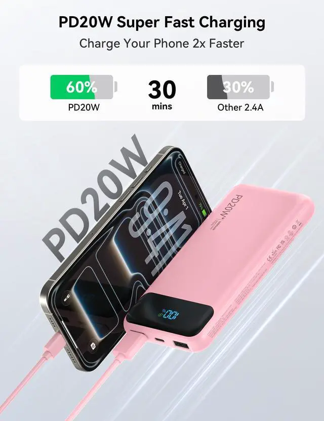 Alt view image 3 of 7 - Portable Charger 10000mAh PD20W w/4 Built-in Cables/6 Outputs Pink