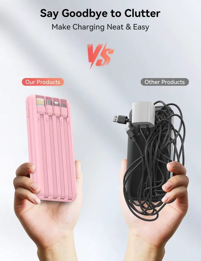 Alt view image 5 of 7 - Portable Charger 10000mAh PD20W w/4 Built-in Cables/6 Outputs Pink