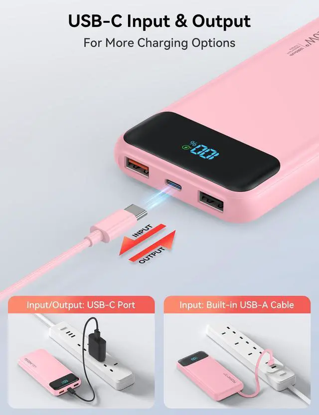 Alt view image 6 of 7 - Portable Charger 10000mAh PD20W w/4 Built-in Cables/6 Outputs Pink