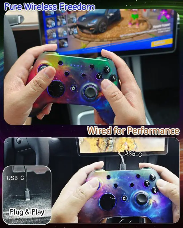 Alt view image 6 of 7 - Game Controller for Switch 1&2, iOS, Android, PC, TV, Tesla - Bluetooth & USB-C Wired Gamepad with Adjustable Star Lights, Phone Holder & USB Adapter