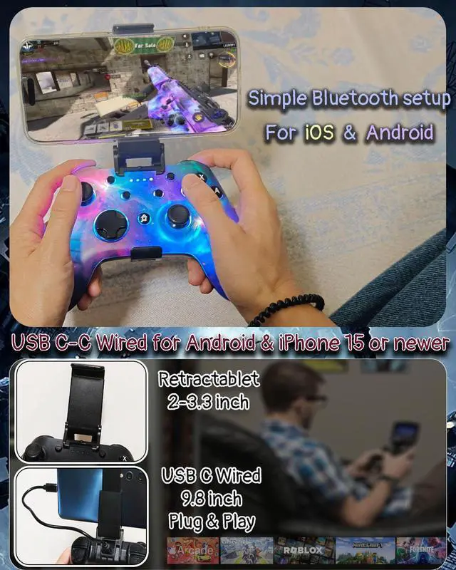 Alt view image 4 of 7 - Game Controller for Switch 1&2, iOS, Android, PC, TV, Tesla - Bluetooth & USB-C Wired Gamepad with Adjustable Star Lights, Phone Holder & USB Adapter