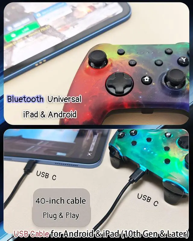 Alt view image 5 of 7 - Game Controller for Switch 1&2, iOS, Android, PC, TV, Tesla - Bluetooth & USB-C Wired Gamepad with Adjustable Star Lights, Phone Holder & USB Adapter