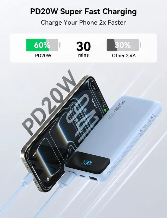 Alt view image 3 of 7 - Portable Charger 10000mAh PD20W w/4 Built-in Cables/6 Outputs Blue