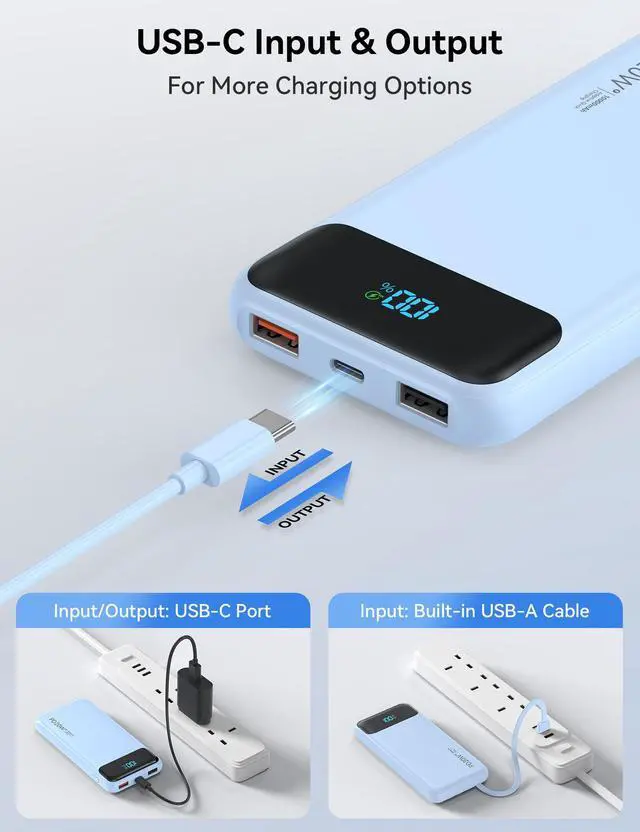 Alt view image 6 of 7 - Portable Charger 10000mAh PD20W w/4 Built-in Cables/6 Outputs Blue