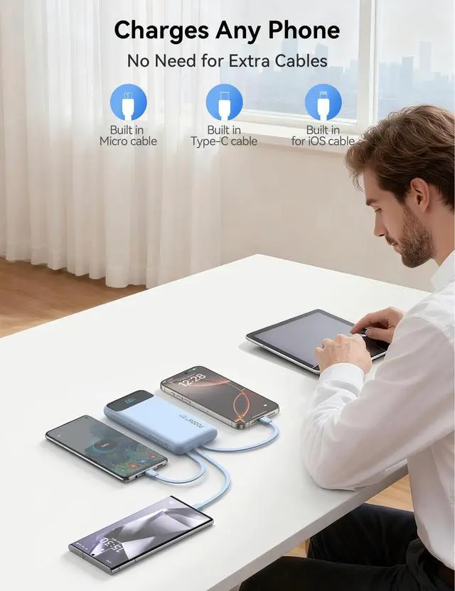 Alt view image 7 of 7 - Portable Charger 10000mAh PD20W w/4 Built-in Cables/6 Outputs Blue